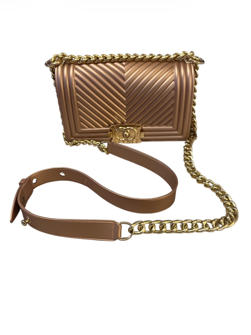Metallic Rose Gold Molded Jelly Quilted Design Chain Shoulder Crossbody Bag NWOT
